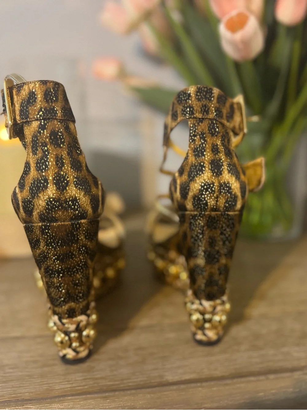 Christian Louboutin Leopard Print Wedge Sandals with Gold Accents